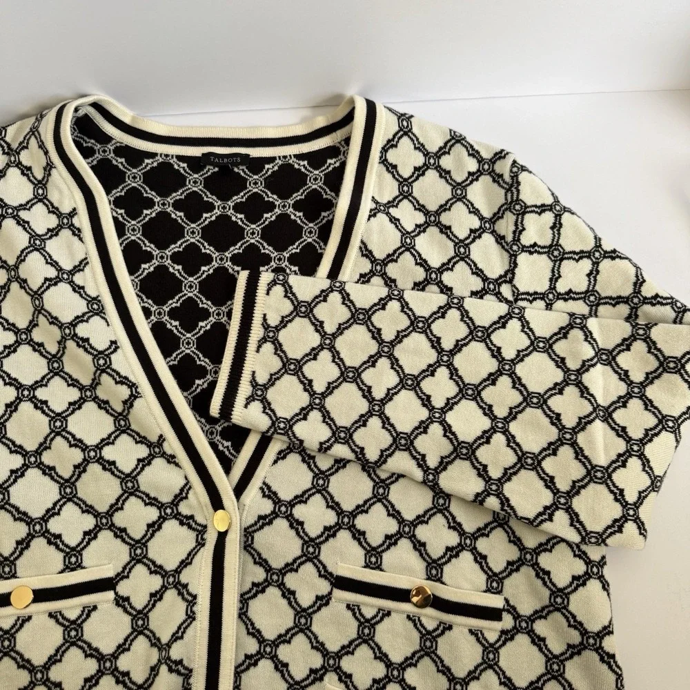 Talbots V-Neck Cardigan Lattice Jacquard XL Black Off White Career Casual Preppy